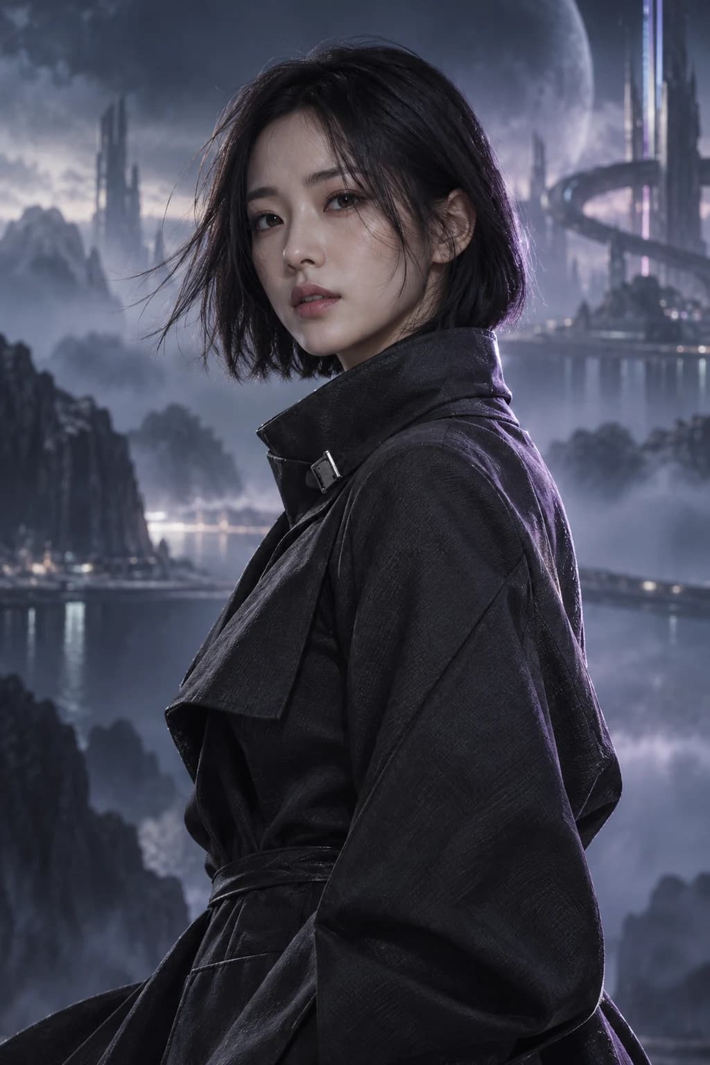 검은 단발머리와 차콜색 코트를 입은 한국인 차원 여행자 이서